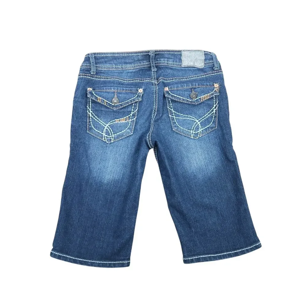 Vintage Y2K Paris Blues Low Rise Bermuda Jean Shorts Whisker Wash 3